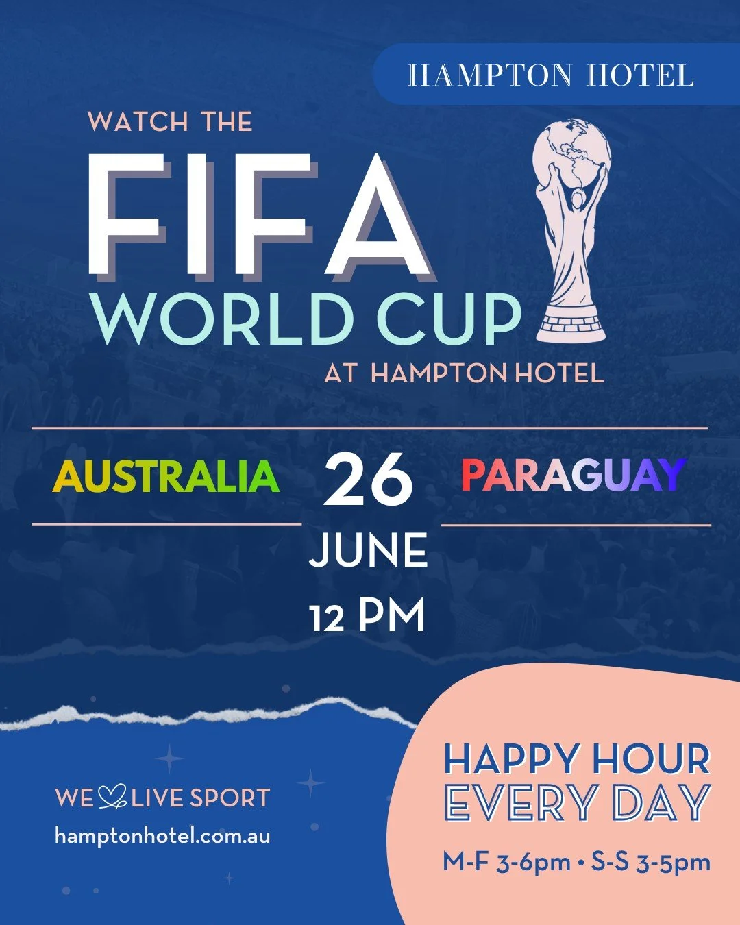 This Friday, get out of the office and into your local as the Socceroos take on Paraguay.

This huge World Cup clash kicks off at 12pm and we'll be showing every minute live on our big screens. Order your favourite pub lunch as you watch all the acti