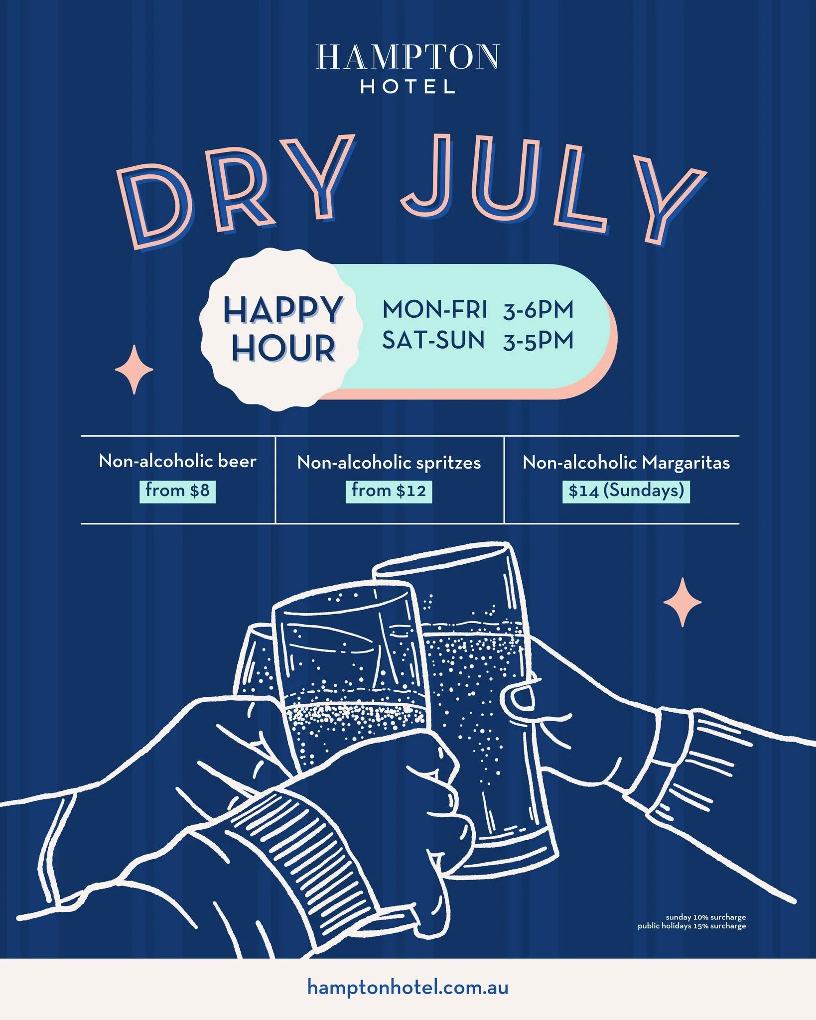 Taking part in Dry July next month? You don't have to miss out on catching up at the pub.

Enjoy a range of non-alcoholic options during our daily Happy Hour, including alcohol-free beers from $8, non-alcoholic spritzes from $12 and non-alcoholic mar