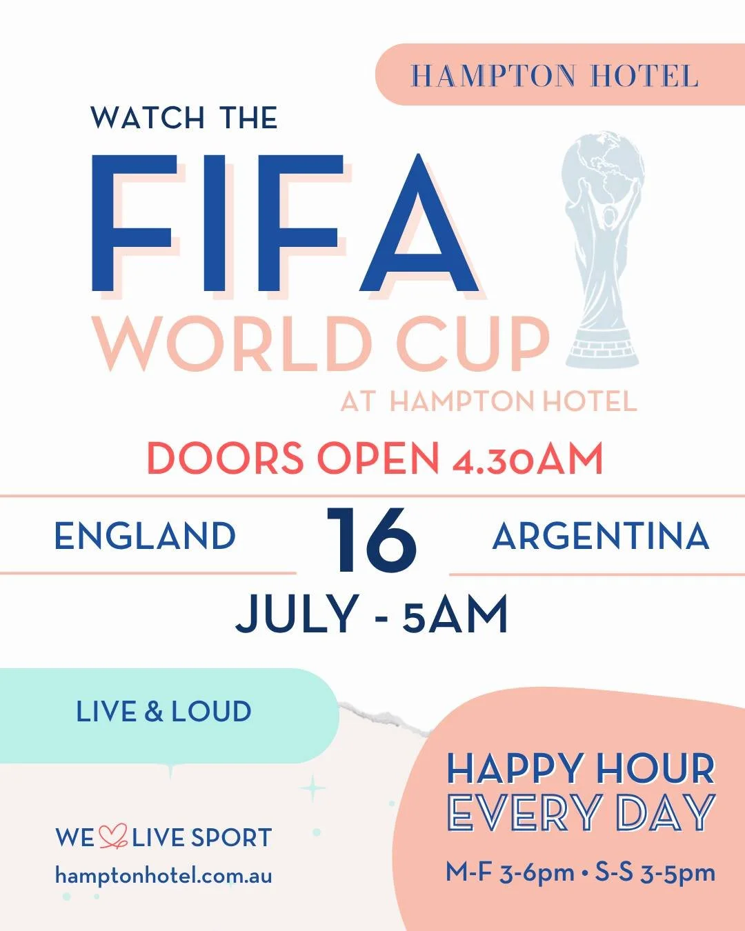 England faces Argentina in the World Cup semi-finals - watch it live and loud with us!

Our doors will be open from 4:30am this Thursday and we&rsquo;ll be showing the match across our big screens.

We'll have a breakfast menu available, along with a