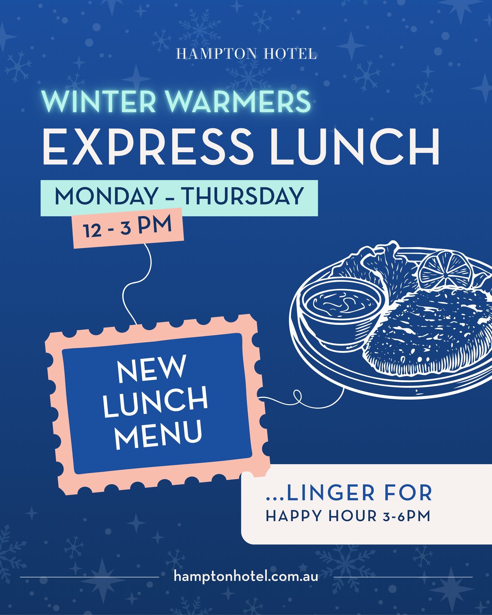 Our brand new Express Lunch menu has arrived with a selection of seasonal favourites from just $19 each, available Monday to Thursday from 12-3pm.

Choose from classic pub dishes like our Chicken Schnitzel or Fish &amp; Chips, or winter warmers like 