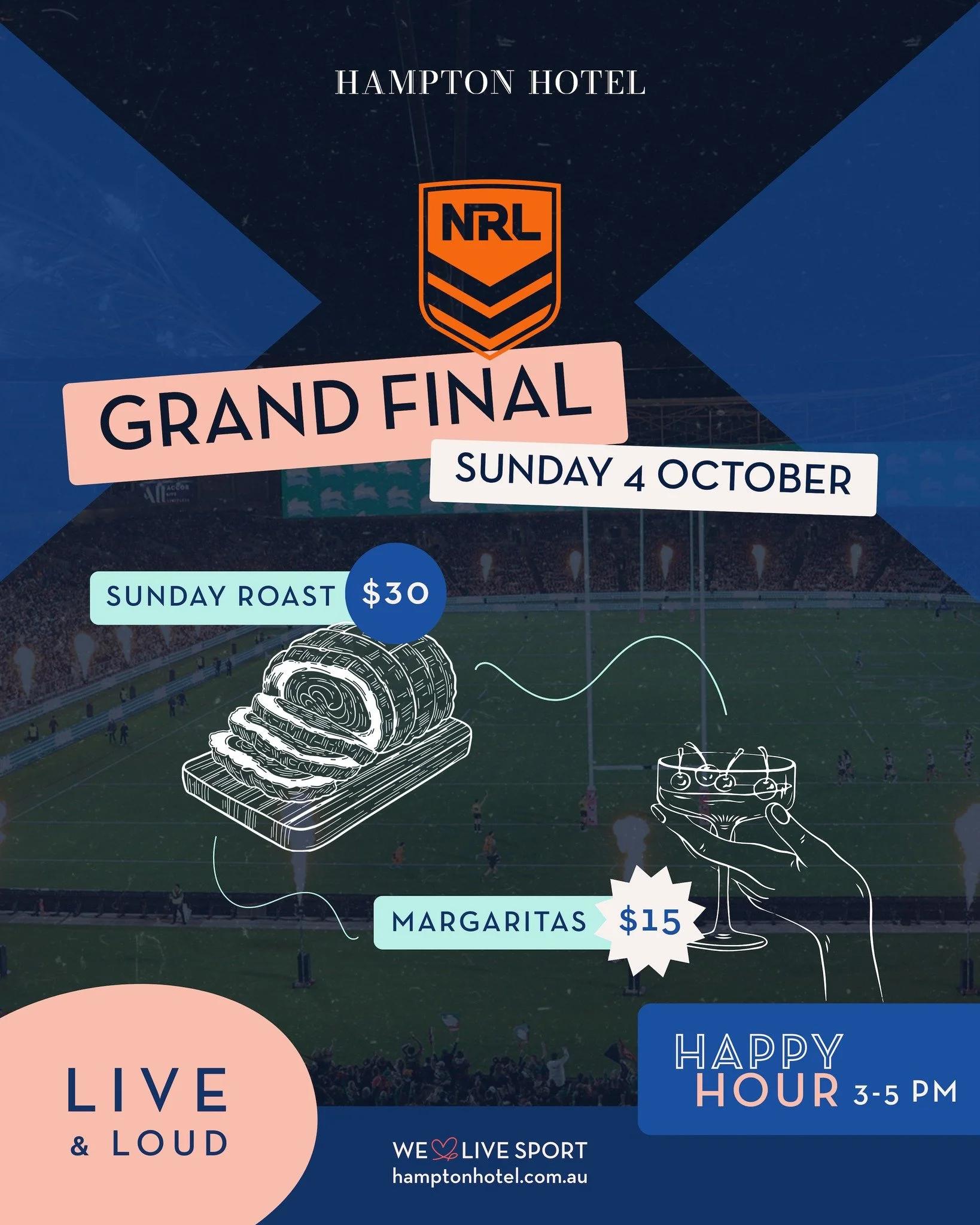 This Sunday, the NRL Grand Final is taking over Hampton Hotel.

Get in early for our $30 Sunday roast from midday, plus $15 margaritas and Happy Hour from 3-5pm to take you through the afternoon.

Then it&rsquo;s all eyes on our big screens for the G