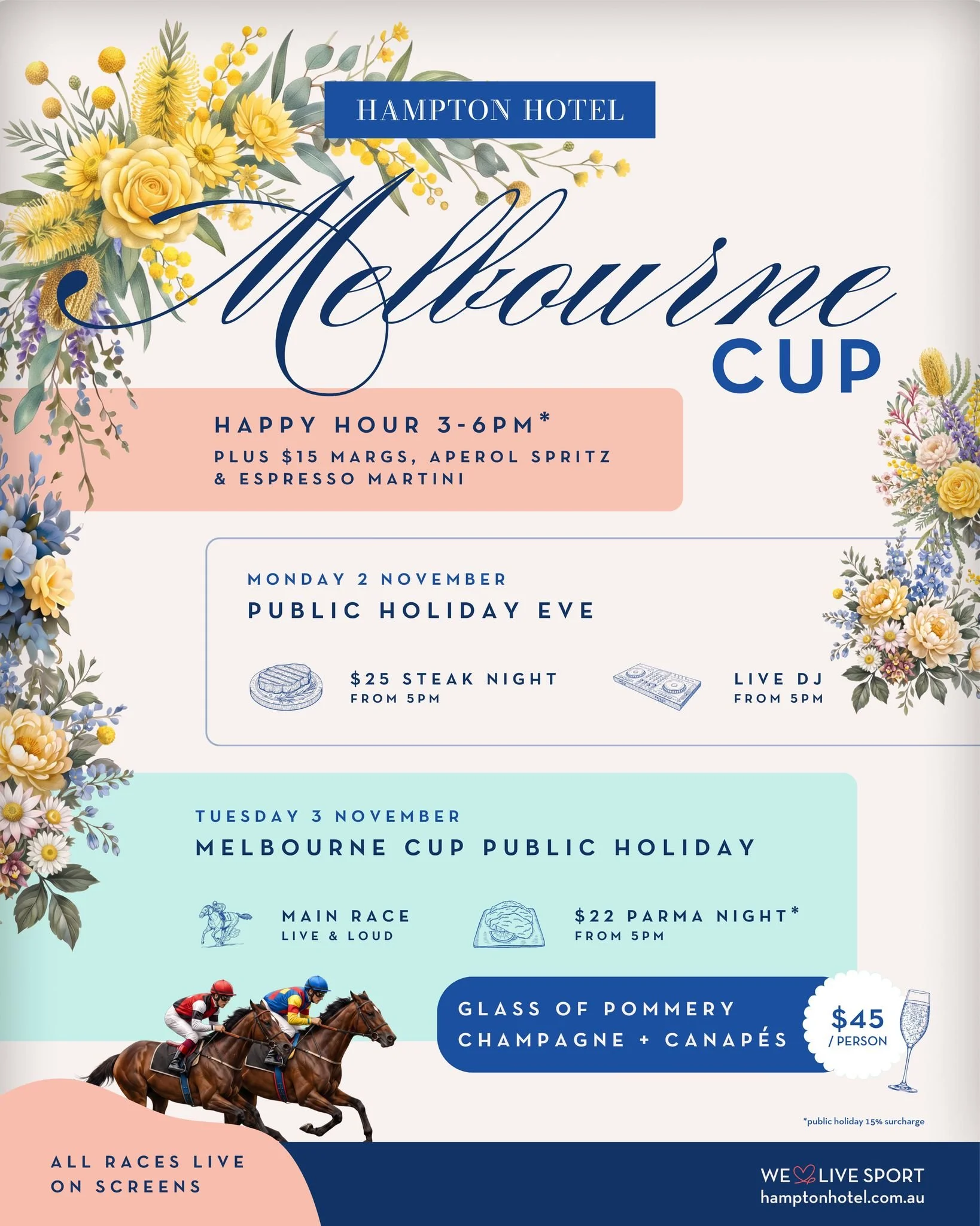 Your Melbourne Cup plans start right here in Hampton.

Dress up for the occasion and join us on Tuesday 3 November for a Melbourne Cup Race Day Rendezvous: a glass of Pommery Champagne and canap&eacute;s for $45 per person.

Heading to the track? Sta