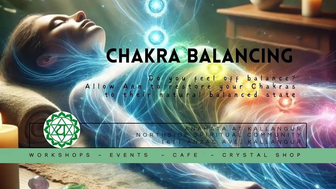 A woman lying on her back with her eyes closed, with colorful, glowing energy lines representing chakras above her body, and an overlay of text about chakra balancing and a spiritual community event.