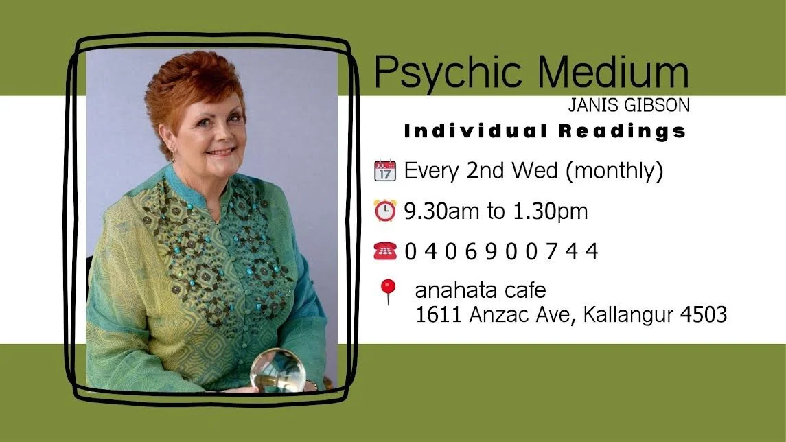 Business card for psychic medium Janis Gibson featuring her photo, contact details, and scheduling information, with a green background and a black outline around the photo.