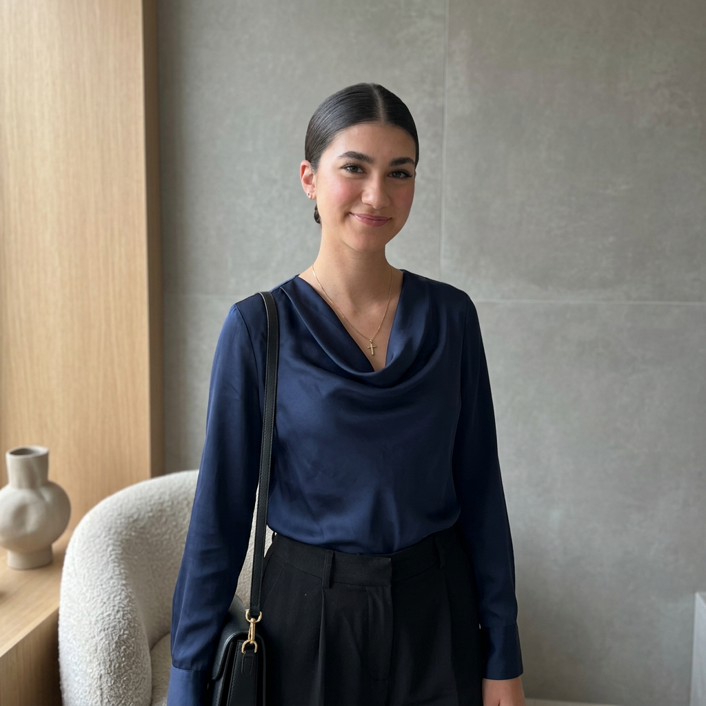 A woman with dark hair pulled back, wearing a navy satin blouse, black pants, and a gold cross necklace, standing indoors near a beige chair and wooden and gray walls.