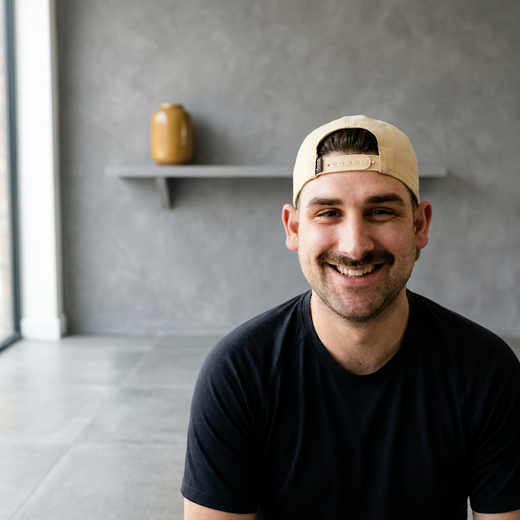 A smiling man with a beard and mustache, wearing a black t-shirt and a backwards beige baseball cap, sitting indoors near a large window.