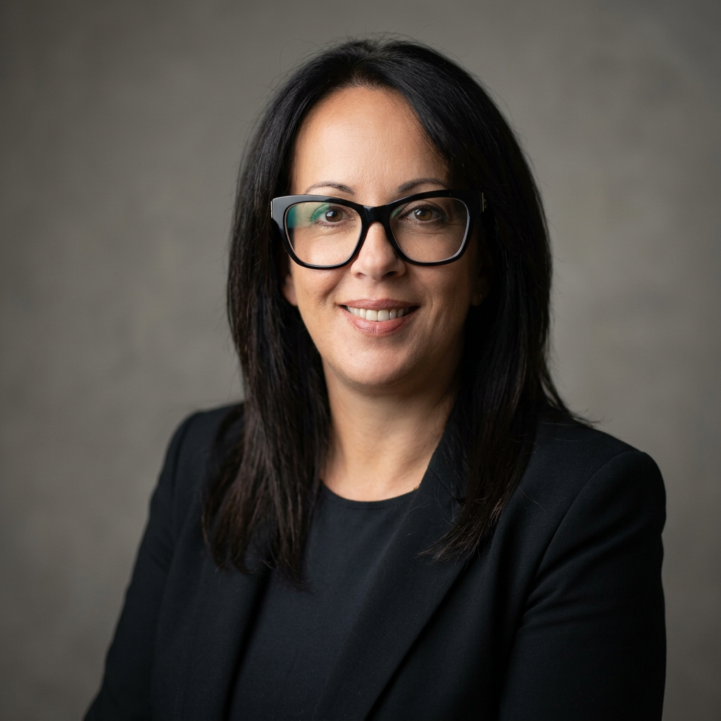 Professional woman with black hair, black glasses, and a black blazer smiling at the camera against a plain background.