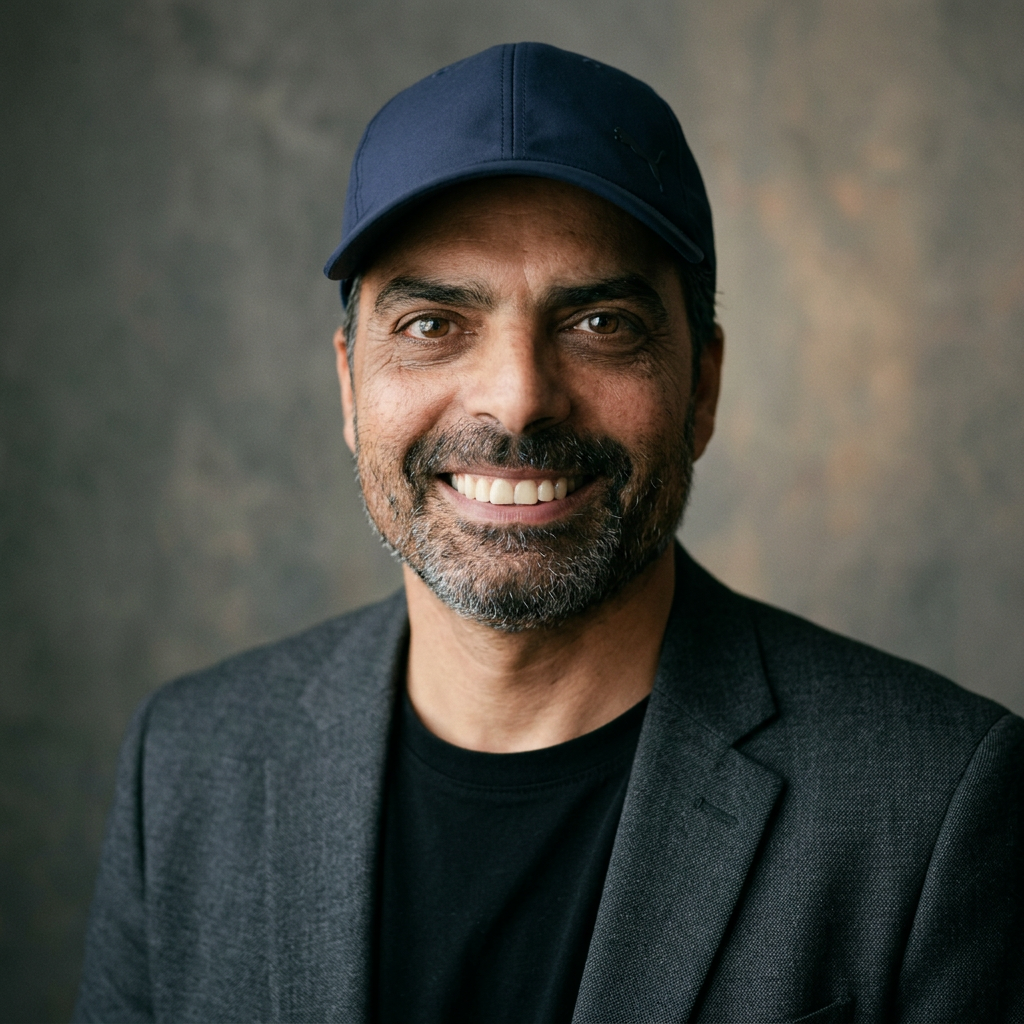 Portrait of a smiling man in a dark blazer and black shirt, wearing a navy blue cap, against a neutral background.