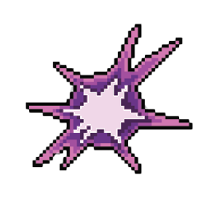 Pixelated purple star-shaped object with spikes on a gray background.