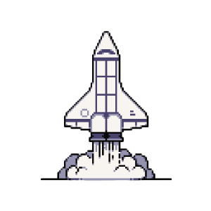 Pixel art illustration of a Spaceship launching with smoke and fire beneath.