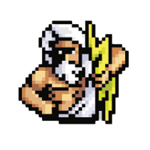 Pixel art depiction of a muscular figure with a white mask and white hair, holding a yellow object with black markings.