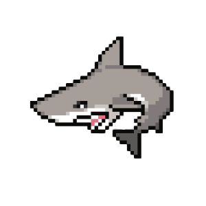 Pixel art shark with open mouth and visible teeth.
