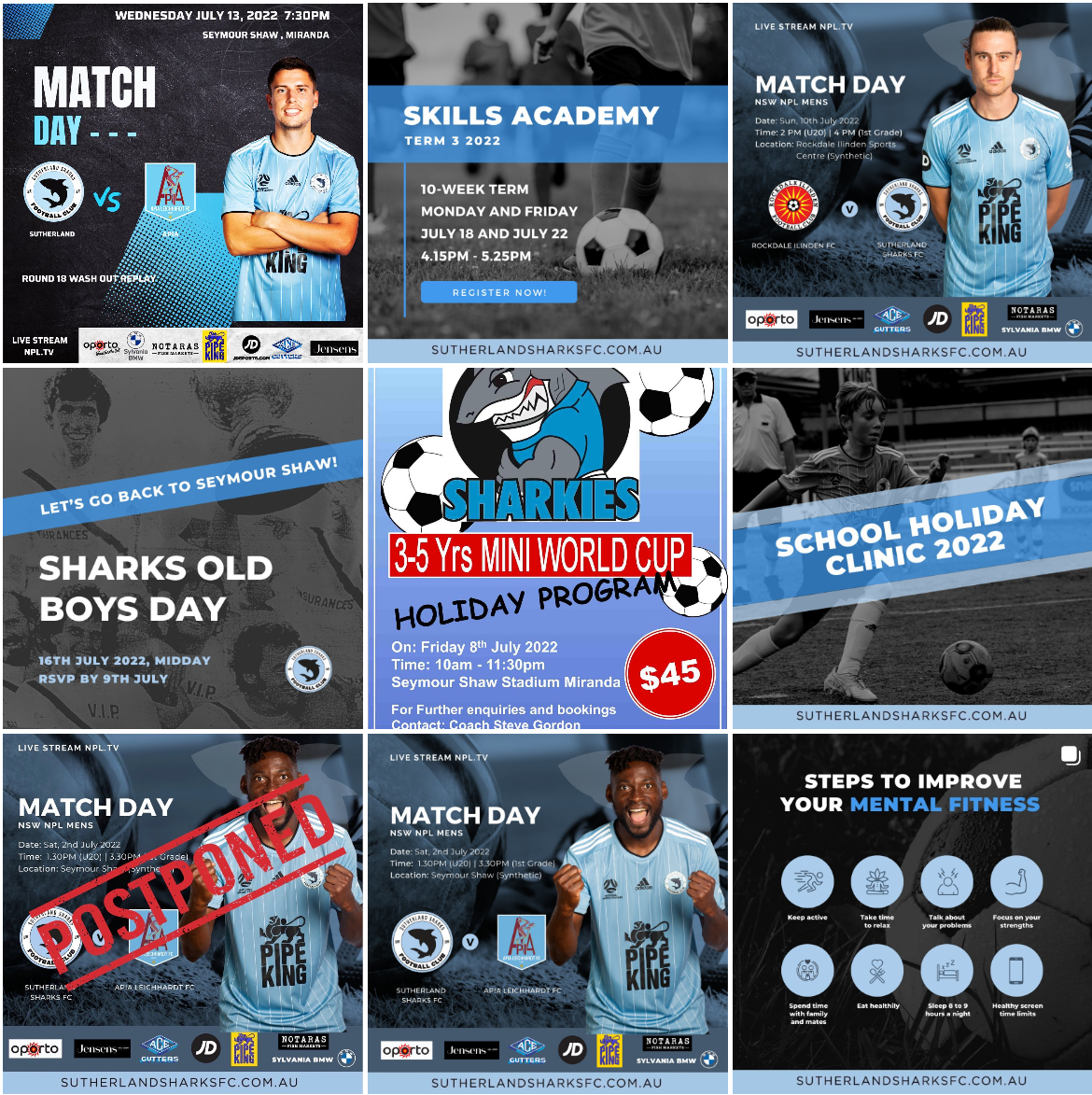 A collage of nine promotional posters for Sutherland Sharks Football Club, featuring upcoming matches, community events, kids' mini World Cup, school holiday clinic, and health tips, with images of players, schedules, and club logos.