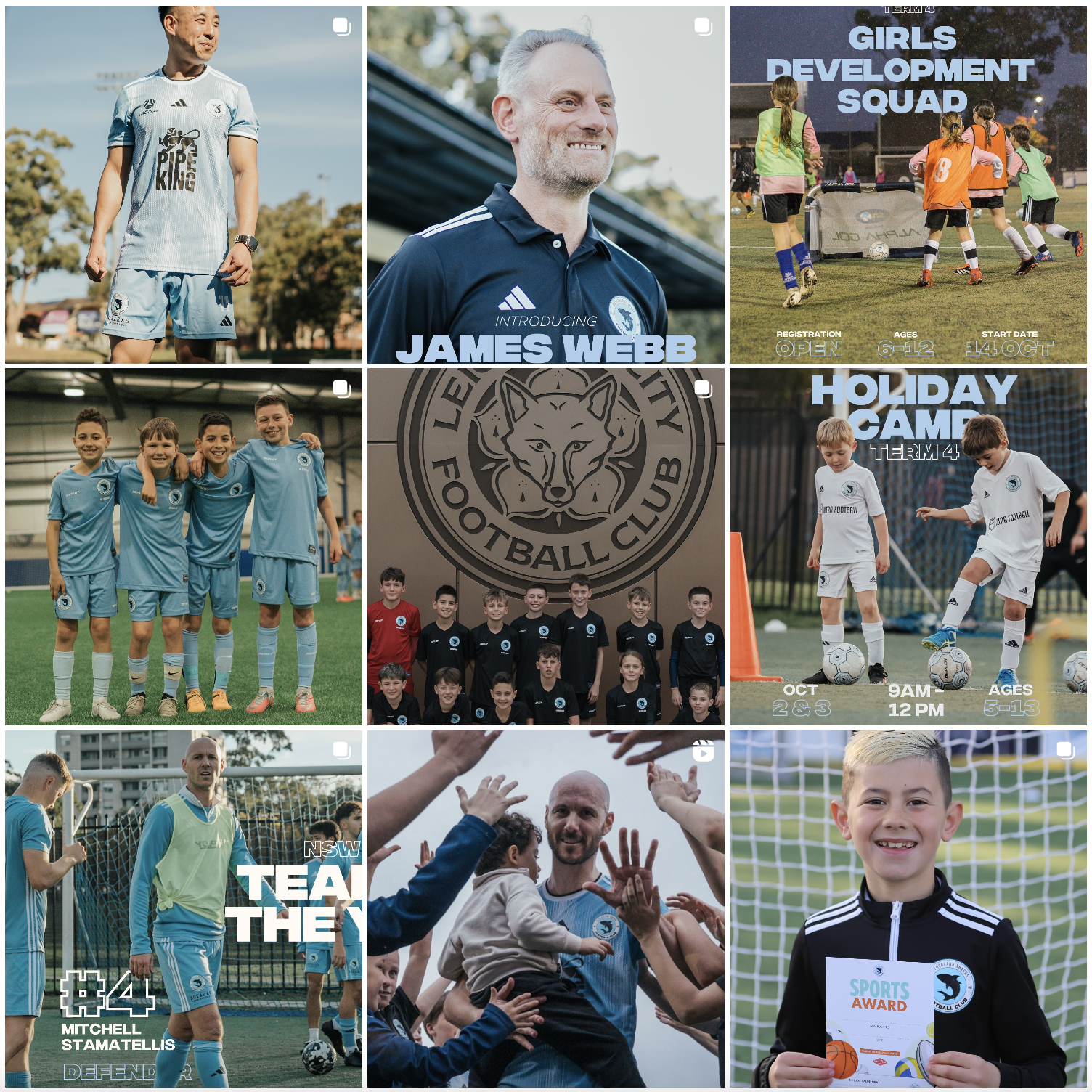 Collage of children and coaches participating in youth soccer activities, team photos, and award celebrations.