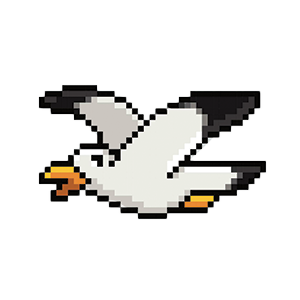 Pixel art of a flying seagull with an orange beak.