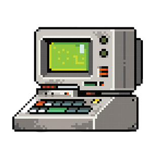 Pixel art image of an old computer with a green screen showing a simple game or graphics.