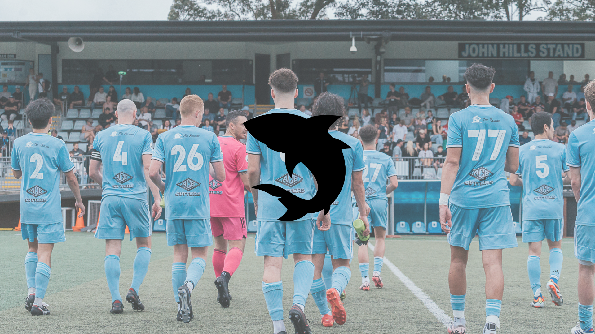 Soccer team in blue jerseys walking onto the field before a match at John Hills Stand, with spectators in the background.