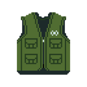 Pixel art image of a green military vest with multiple pockets and a logo on the chest, next to a yellow and gray object.