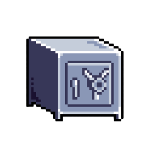 Pixel art image of a safe or vault with a combination lock on the door.