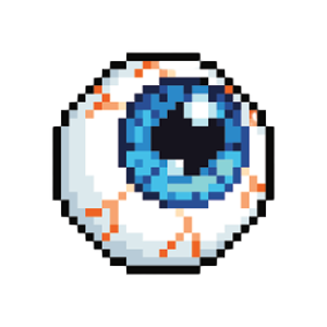 Pixelated illustration of a human eye with a blue iris.