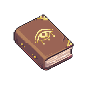 A pixel art design of a closed brown book with a gold eye symbol on the cover.
