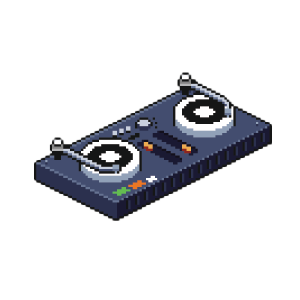 Pixel art illustration of a DJ turntable mixer with two turntables and control buttons.