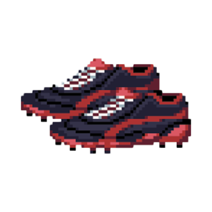 Pixelated image of a pair of black and red athletic shoes with white accents.