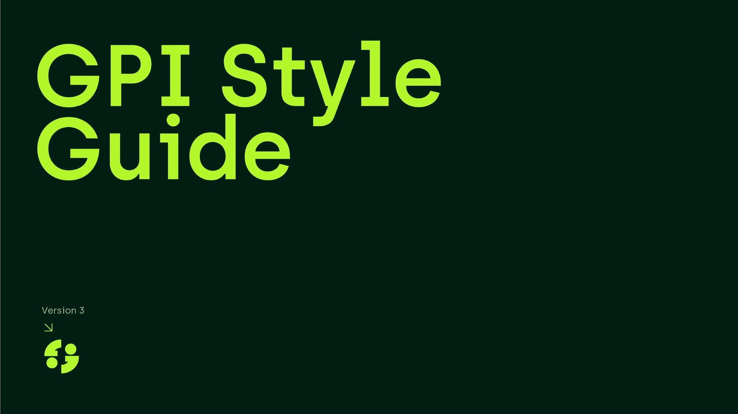 Cover of a guide titled 'GPI Style Guide' with the words 'Version 3' and some icons at the bottom left corner.