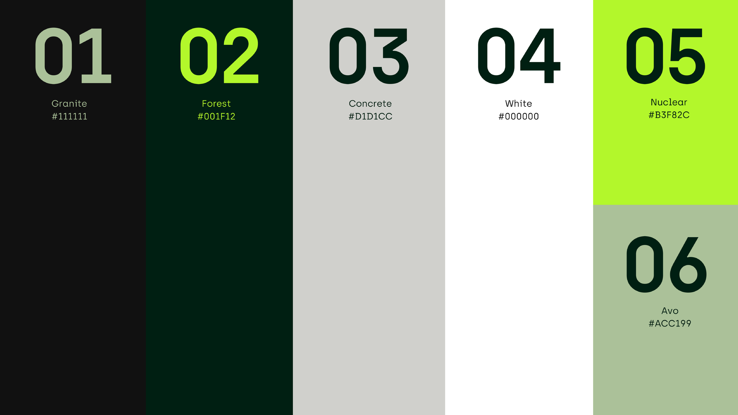 A color palette chart with six color categories labeled from 01 to 06. Categories include Granite, Forest, Concrete, White, Nuclear, and Avo, each with corresponding hex color codes.