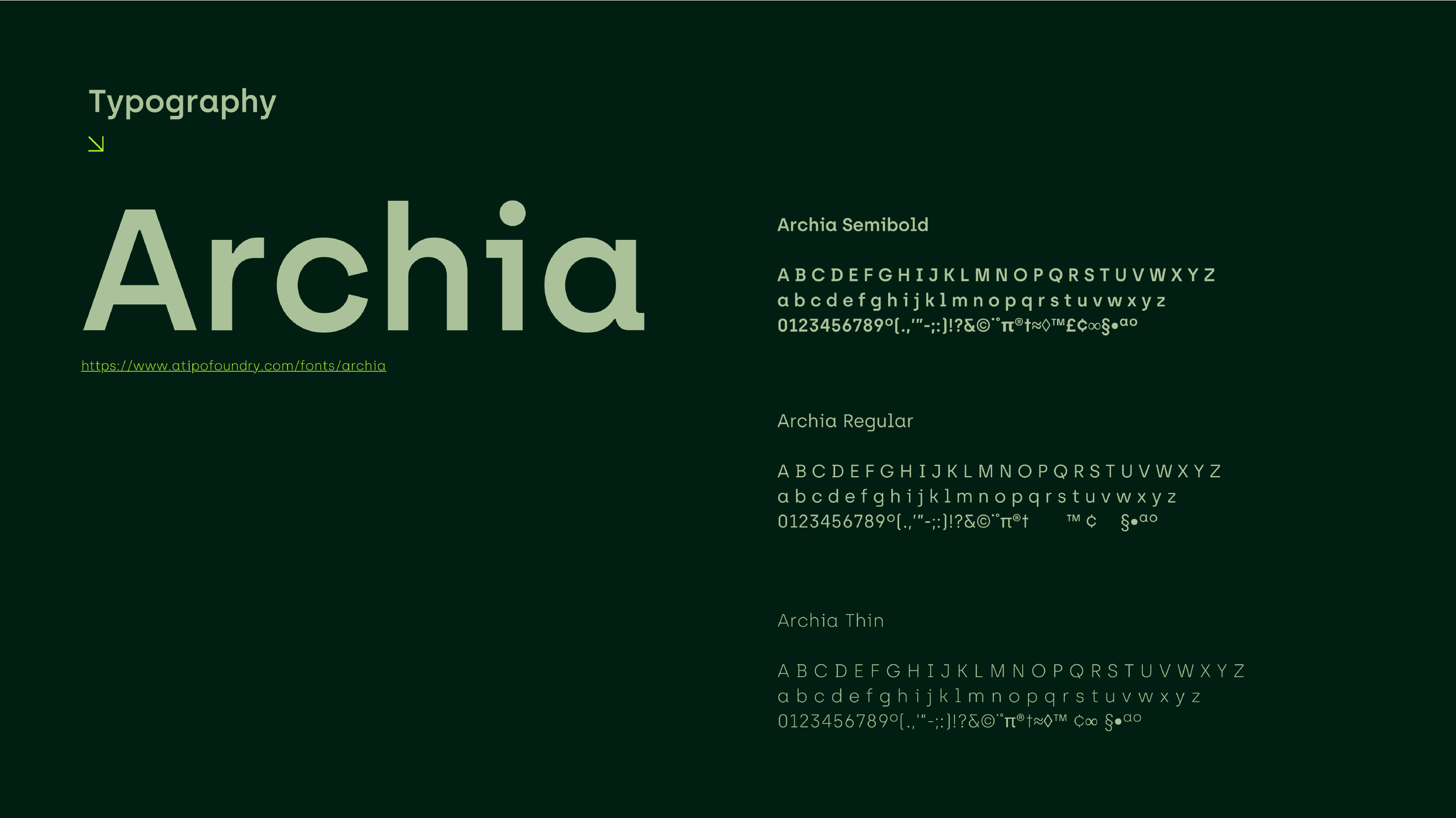 A graphic displaying different styles of the typeface 'Archia', including Semibold, Regular, and Thin, along with sample text and a link to the font's website.