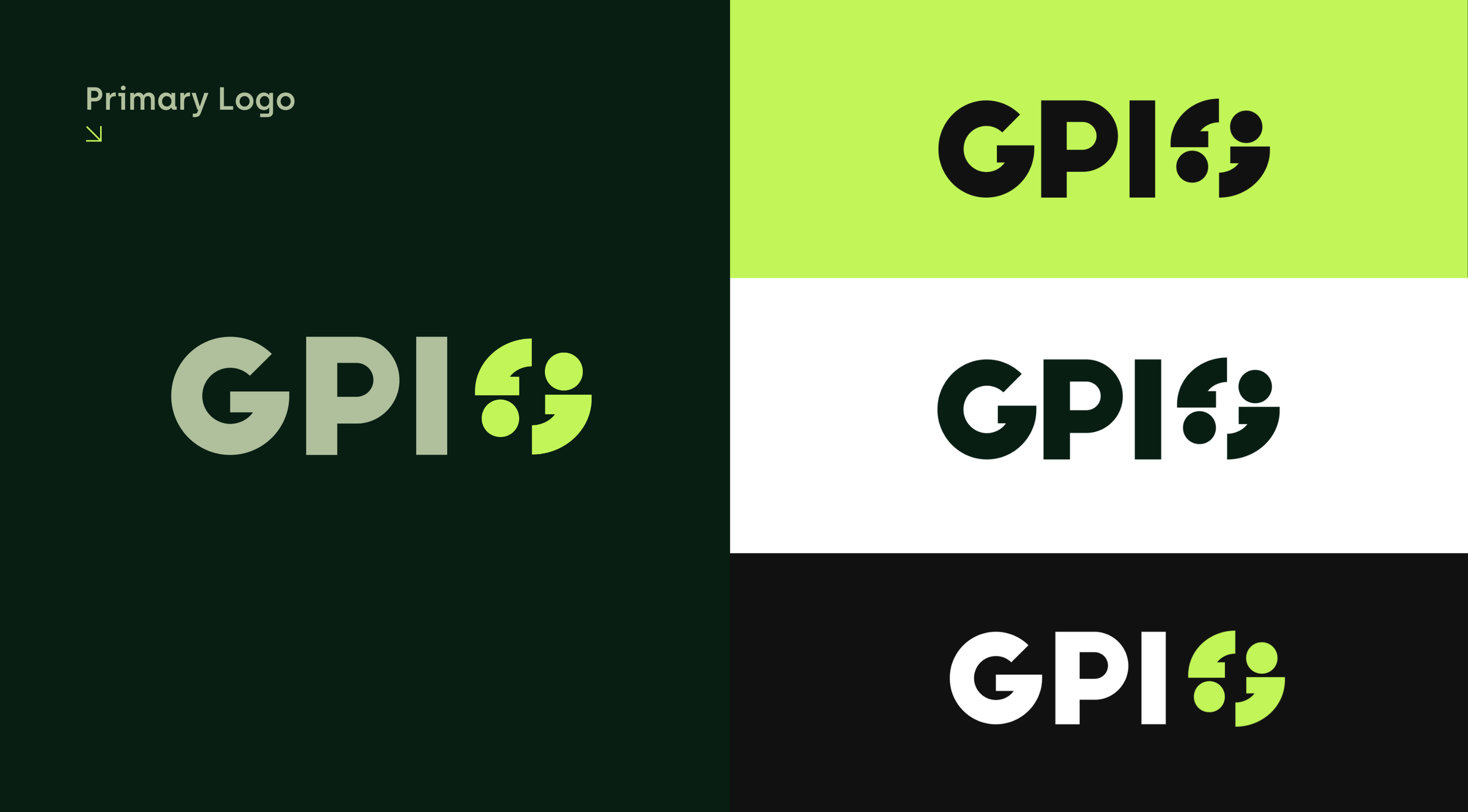 Collection of four variations of a logo with the text 'GPI' and a semi-colon symbol stylized. Each variation has different background and text colors, with the first featuring a dark green background and light green logo, the second a bright green background with black logo, the third a white background with black logo, and the fourth a black background with white logo and light green semi-colon.