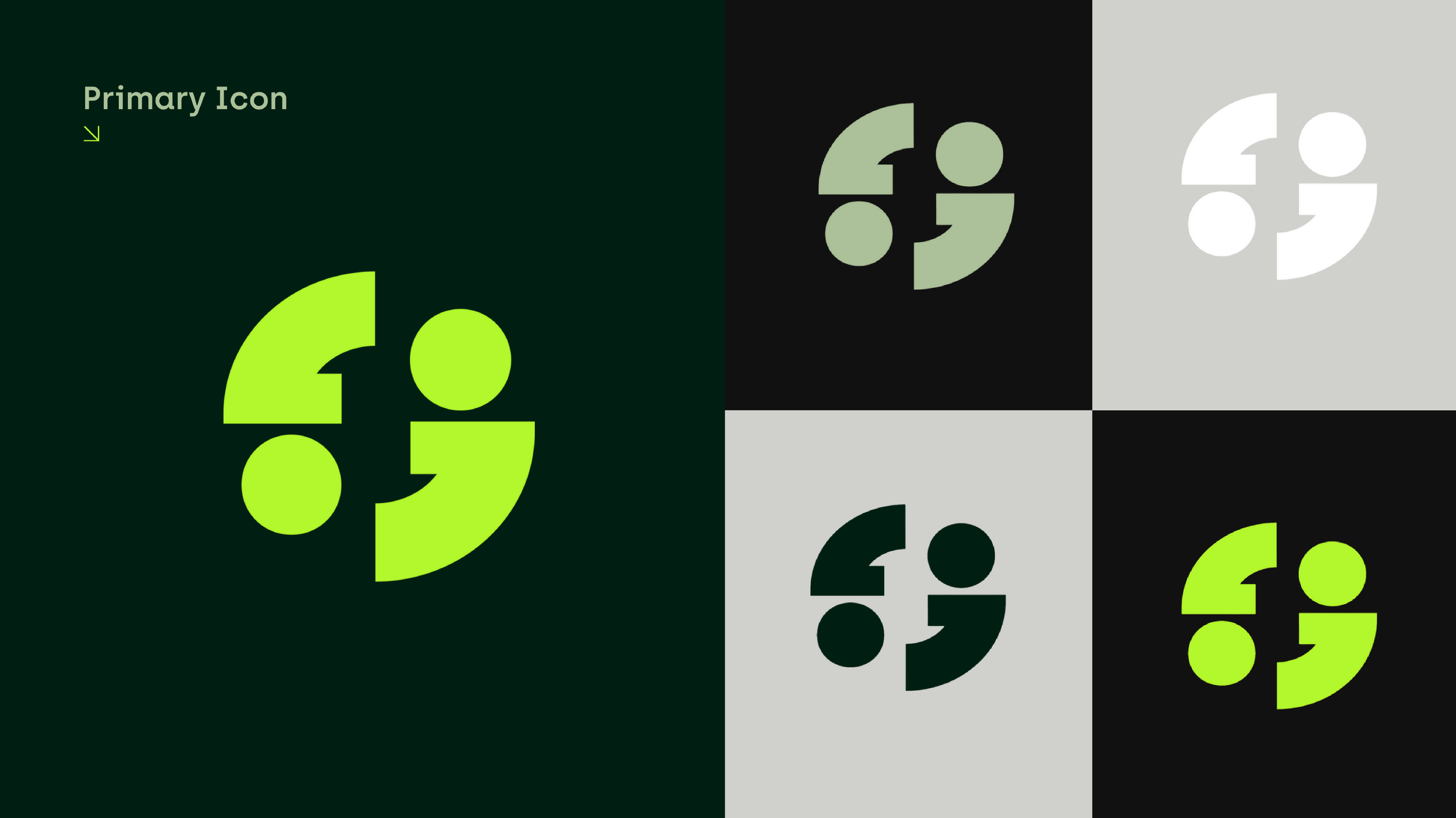 Graphic with four quadrants showing variation of a logo with green, black, and gray backgrounds; top left has text 'Primary Icon' and the main logo in bright green.