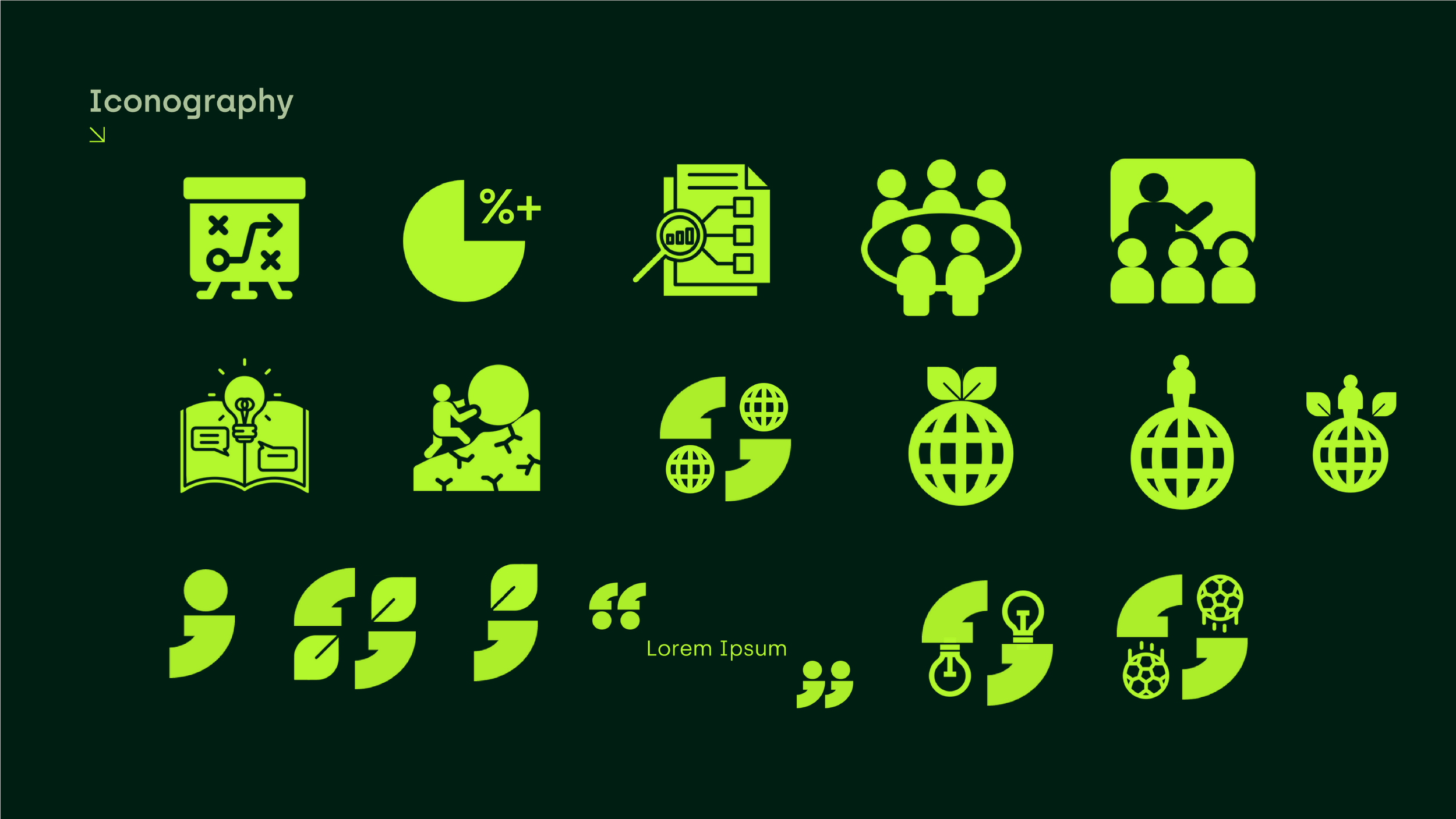 A collection of green icons related to business, data analysis, collaboration, innovation, and sustainability on a dark green background, with placeholder text "Lorem Ipsum".