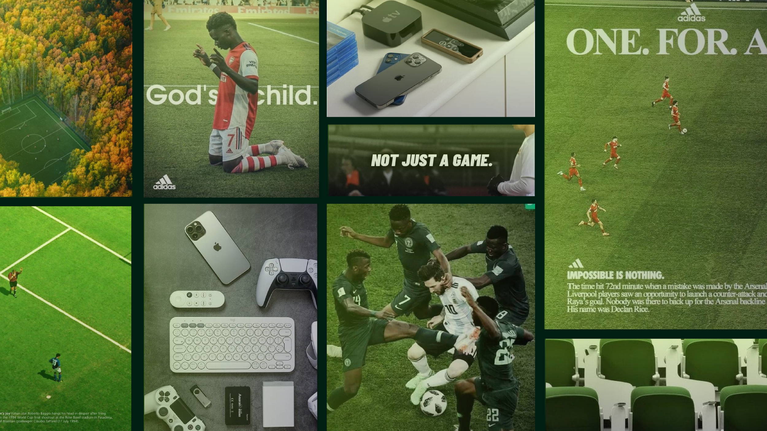 A collage of images related to sports, technology, and motivational messages. Includes a soccer field surrounded by autumn trees, a soccer player kneeling on the field, electronic devices like smartphones, tablets, gaming controllers, a keyboard, and a camera, a group of soccer players in action, and an empty stadium with green seats. There are motivational phrases like "God's Child," "NOT JUST A GAME," "ONE. FOR. ALL," and "IMPOSSIBLE IS NOTHING."