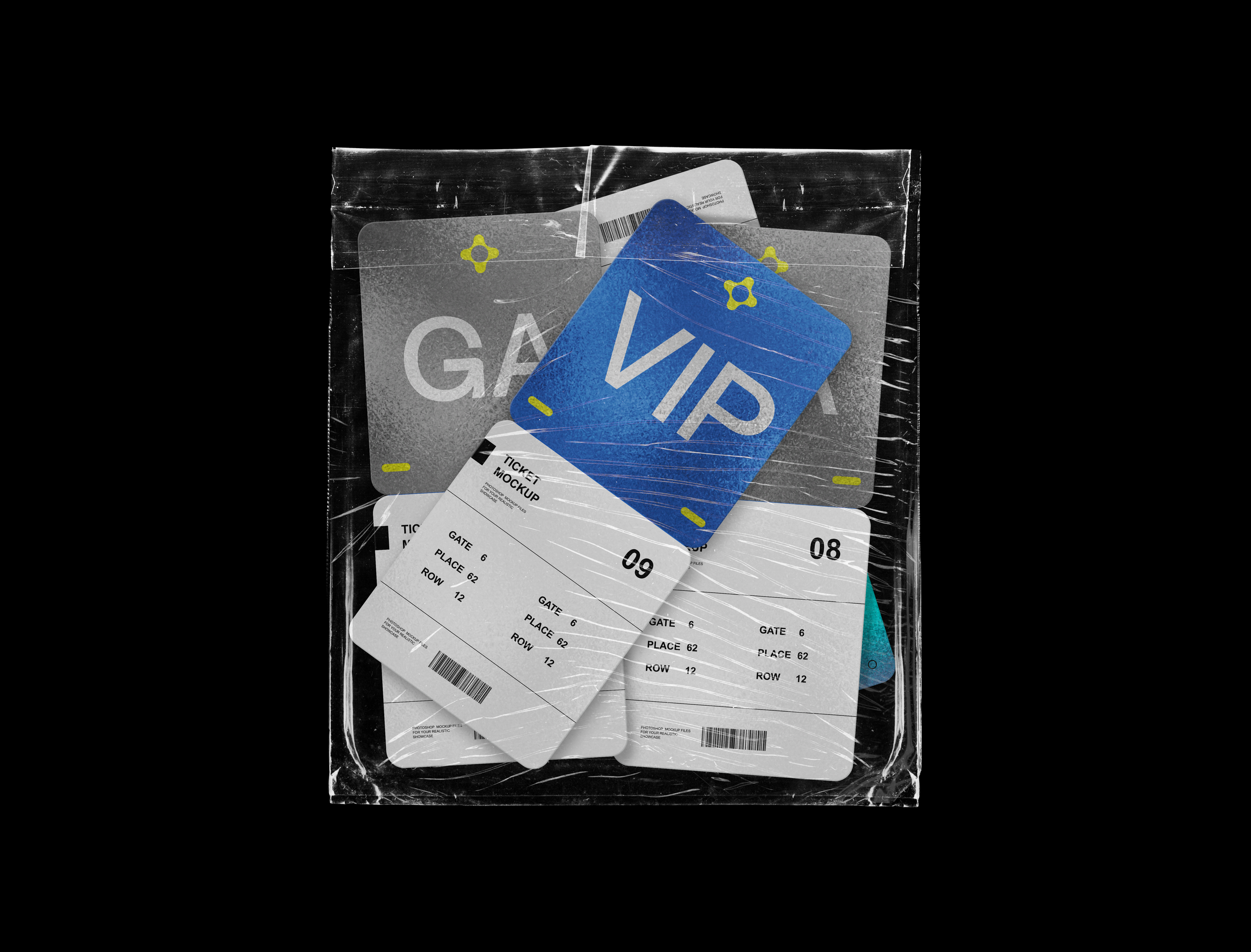A clear plastic bag containing multiple airline boarding passes and VIP and gate access cards.