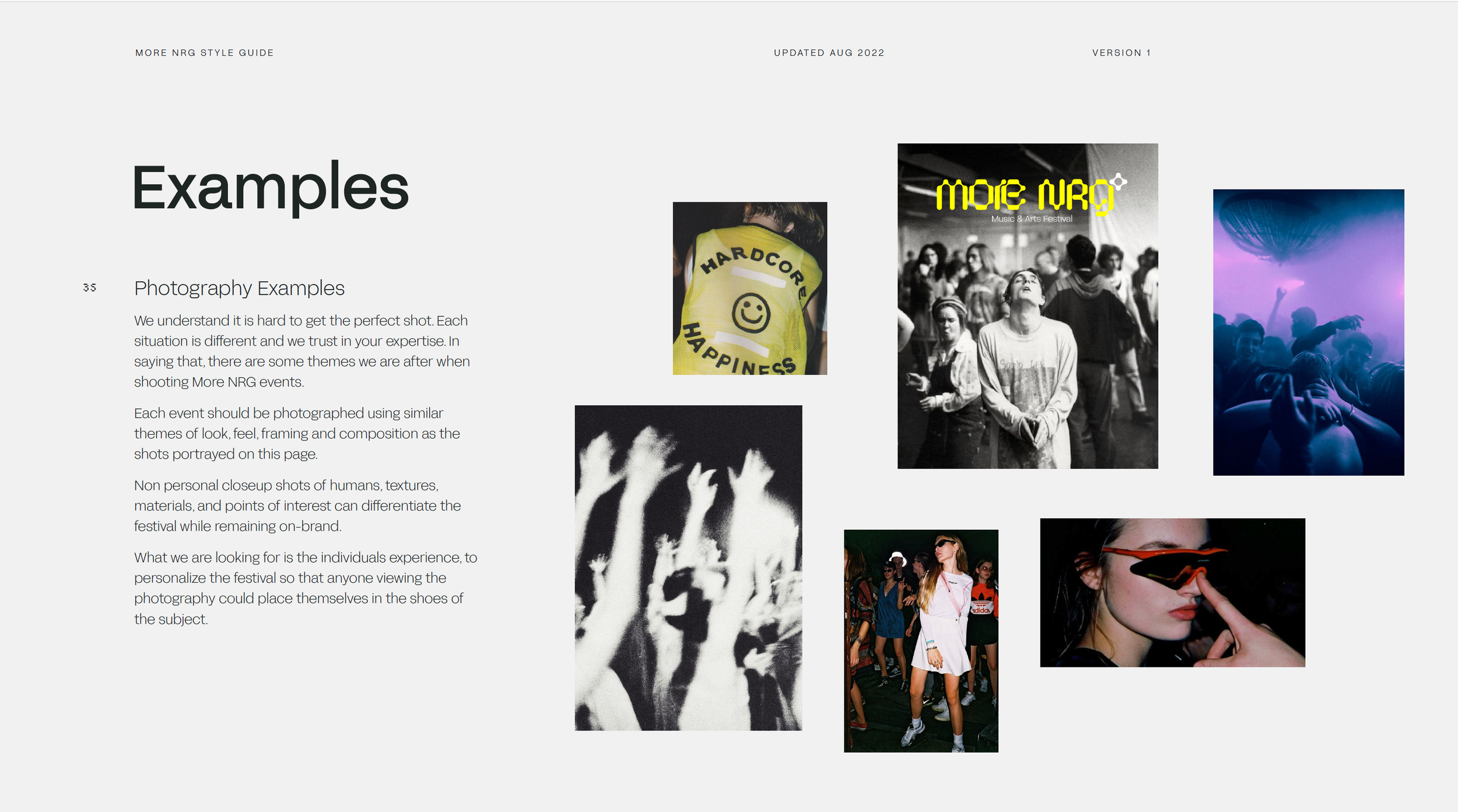 A webpage titled 'Examples' showing photography examples at a festival, with images of people at a music event, including concert scenes and festival attendees.