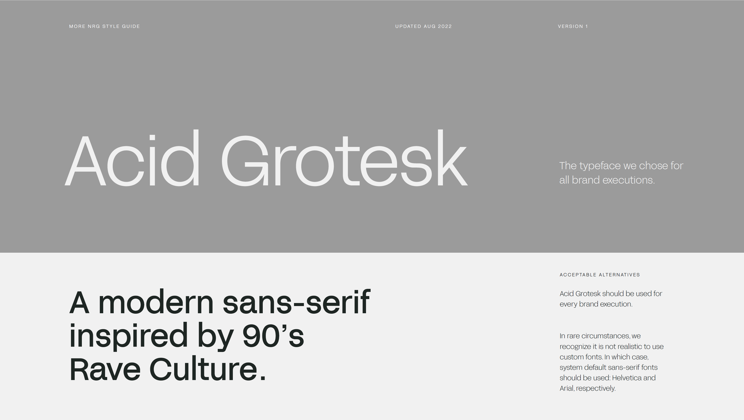 Screenshot of a design style guide page featuring the font 'Acid Grotesk,' describing it as a modern sans-serif inspired by 90's rave culture, with additional text about brand executions and font alternatives.