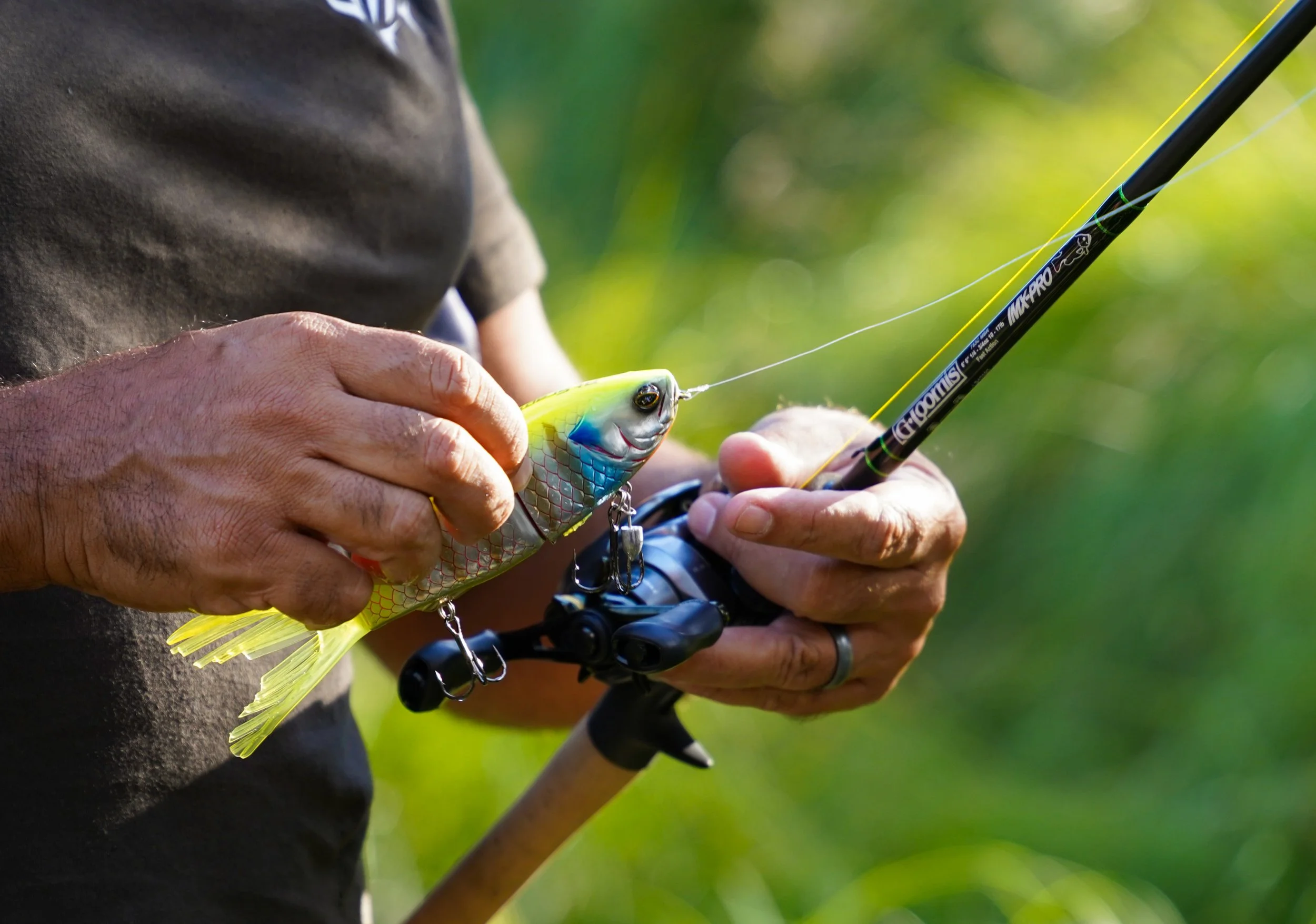 Person holding a fishing rod and a colorful artificial fish lure in an outdoor setting with green blurred background.