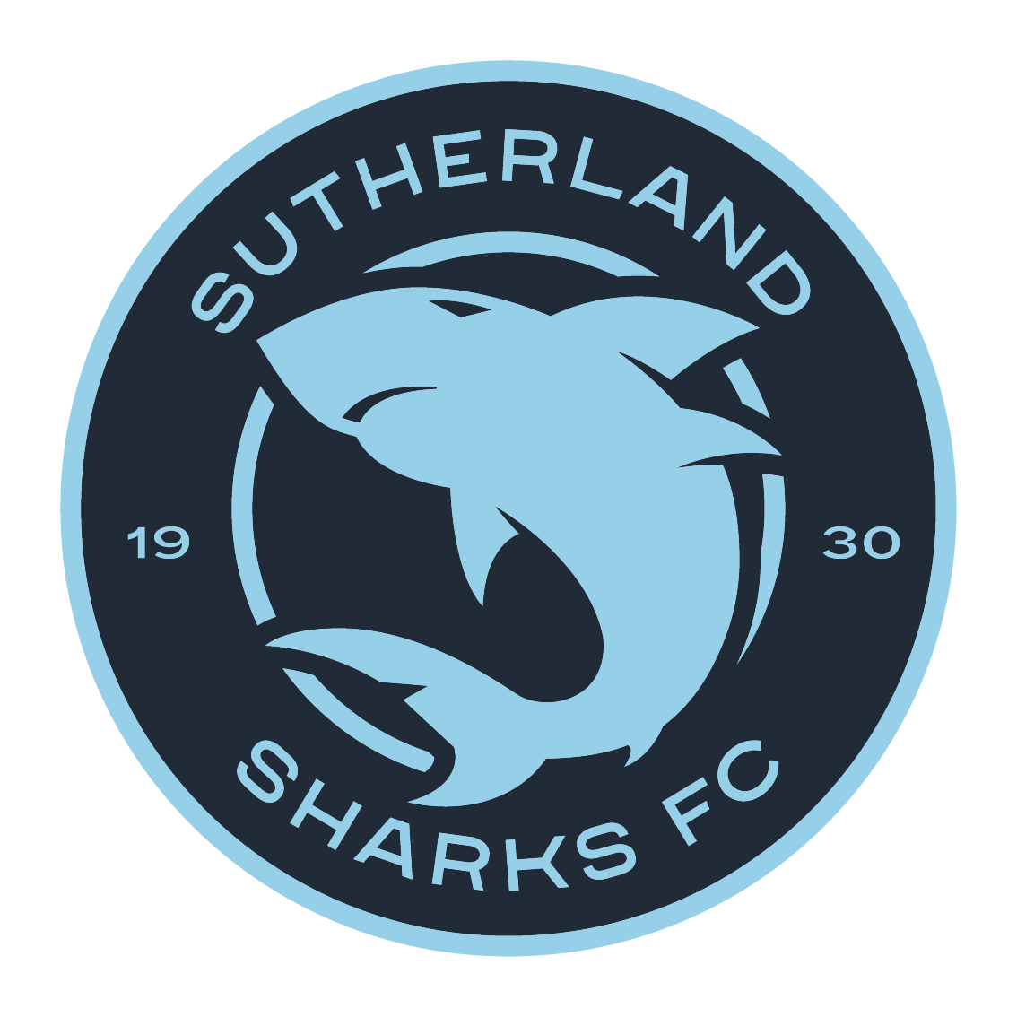 Sutherland Sharks FC logo featuring a stylized shark in a circular design with the text 'Sutherland Sharks FC', the year '1930', and a blue and navy color scheme.