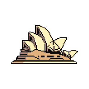 Pixel art depiction of the Sydney Opera House with waves in front.