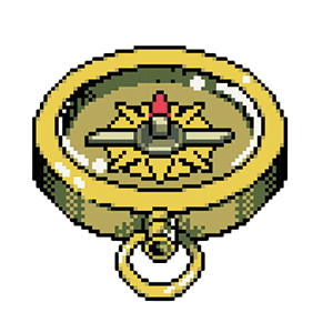 Pixel art image of a compass with a gold and green rim, a red needle, and a small ring at the bottom.
