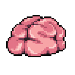 Pixel art image of a pink brain with a yellow tag.