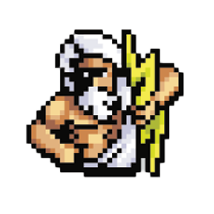 A pixel art character with white hair and a mask, holding a yellow lance or spear.