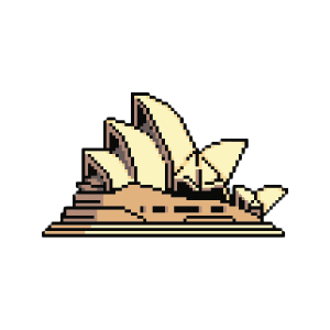 Pixel art depiction of the Sydney Opera House on a small island.