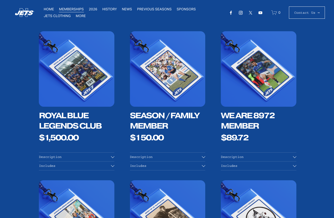 Website page displaying various membership cards for the New York Jets, including Royal Blue Legends Club, Season/Family Member, and We Are 8972 Member, with prices and options to view descriptions and inclusions.