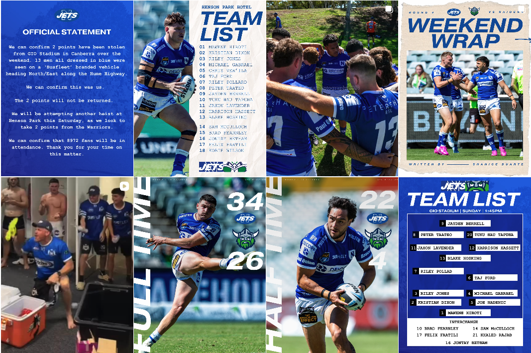 A collage of images and texts related to the New South Wales Jets rugby team, including team photos, player action shots, a team list, and a match and event summary.