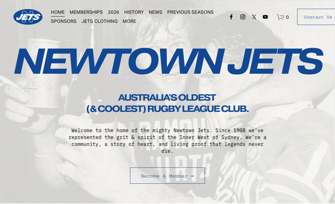 Screenshot of the Newtown Jets rugby league club website with the club's blue logo on the top left, a navigation menu, and a background image of a rugby player holding a ball. The main text highlights that they are Australia's oldest (and coolest) rugby league club.
