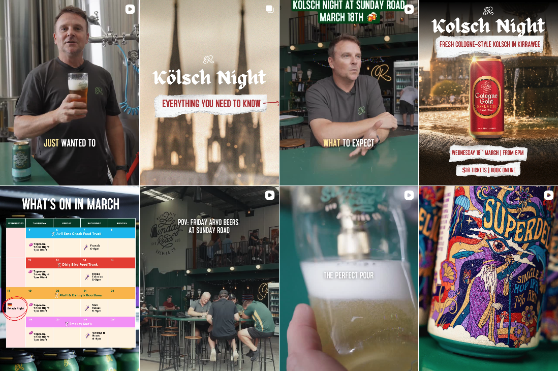 A collage of eight photos promoting a Kolsch Night event at Sunday Road, featuring beer, a bartender, a calendar, and event details.