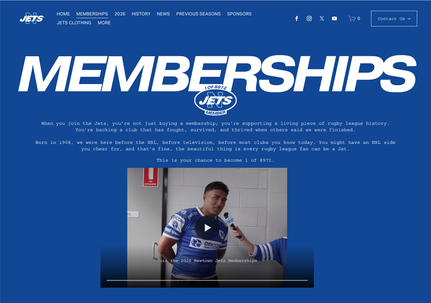 Jet football team membership webpage with a young male player in a blue uniform being interviewed, blue background, large white text saying 'Memberships', and navigation menu at the top.