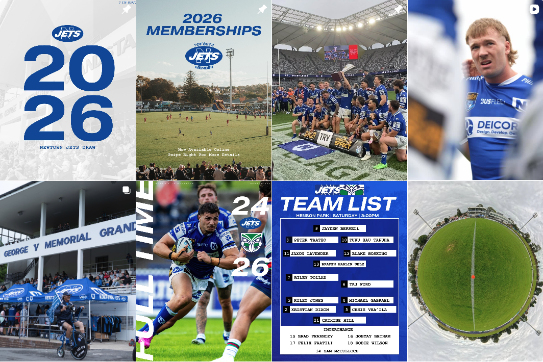 A collage of eight images related to the Newtown Jets rugby team, including team graphics, players in action, team roster, a stadium, and a panoramic view of a sports field.